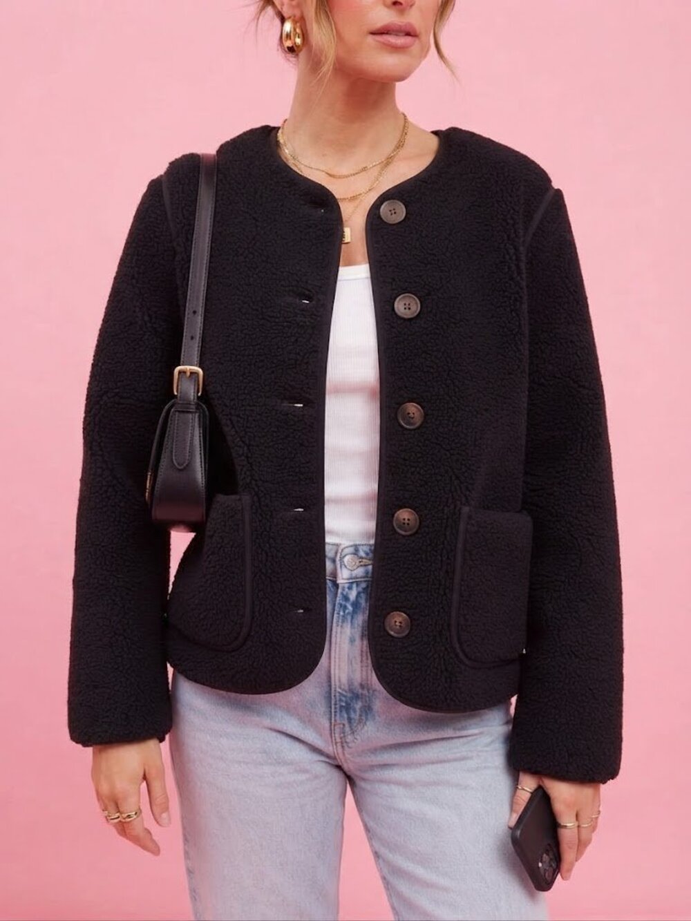 Black Reversible Button Front Teddy Jacket